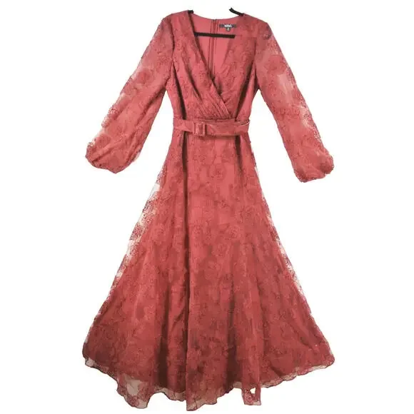 New, Badgley Mischka Belted Embroidered Tulle Gown in Burgundy Size 12 #LD062